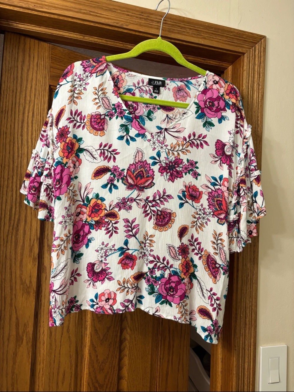 a.n.a White Floral V-Neck Ruffle Sleeve Top with Pink and Teal Accents